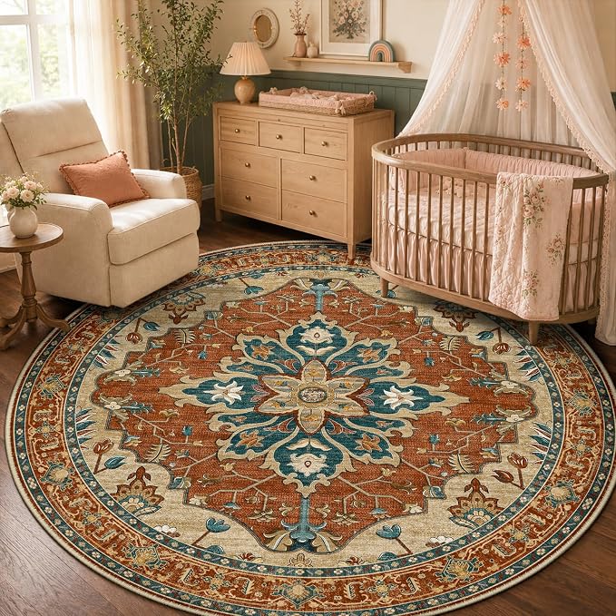 RELEANY Washable Area Rug, Round 5ft, Red/Orange/Blue/Brown | Non-Slip, Water Repellent, Pet Friendly, Easy to Clean, Vintage Floral Boho Decor for Living Room Bedroom Dining Room