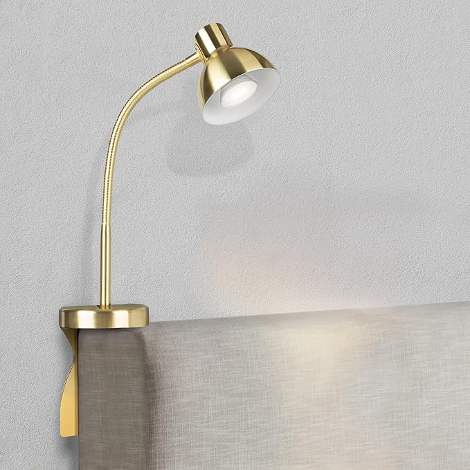 Patented Innovative Design Headboard Reading Light Pro. No Drilling Book Light for Bedtime Reading. Dimmable LED Book Reading Lamp with Bulb. Movable & Flexible, Gold