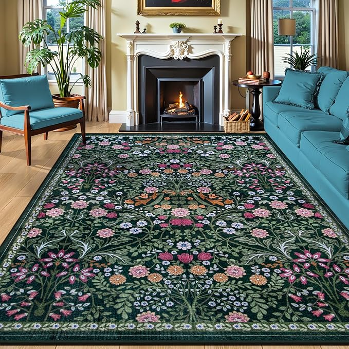 PLHXFR Area Rug 9x12 Living Room: Floral Washable Boho Carpet Dark Green | For Bedroom Dining Room Farmhouse Nursery Hallway,Vintage Floral,Machine washable,Non Slip,Stain Resistant,Large Indoor