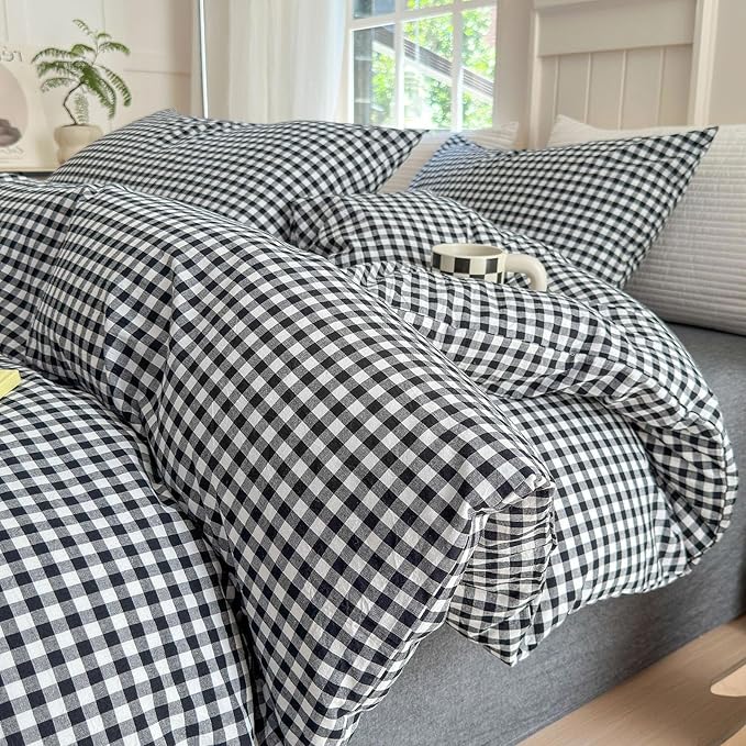 LifeTB Twin XL Comforter Set Black Gingham Comforter for Men Boys Geometric Plaid Comforter Set Grid Checkered Pattern Comforter with 2 Pillowcases Fluffy Soft Plaid Gingham Bedding Set Twin XL