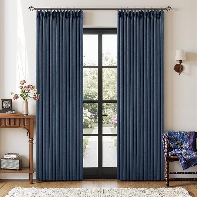 Navy Blue 84 Inch Pinch Pleated Blackout Textured Linen Curtains 2 Panels | Black Out Memory Trained Drapes, Double Layer, Room Darkening Thermal Insulated, for Bedroom, Pinch Pleat with Hooks Rings