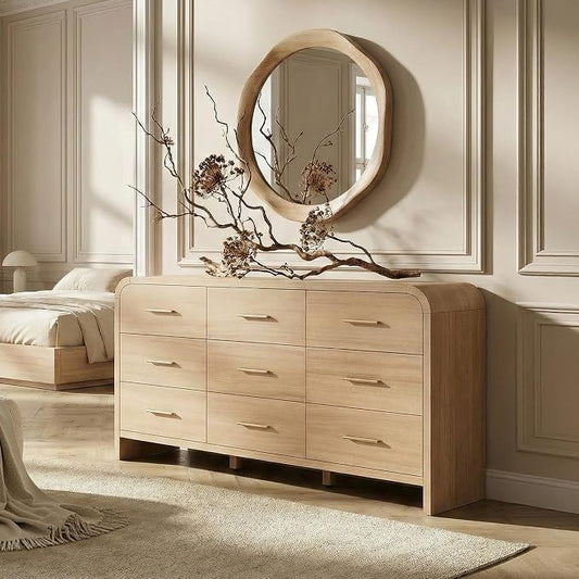 Curved 9-Drawer Dresser for Bedroom, 63" Wide Modern Chest of Drawers, Vanity Desk TV Stand for Living Room, Closet Storage Drawers Organizer Furniture, Nursery, Hallway, Gray Oak
