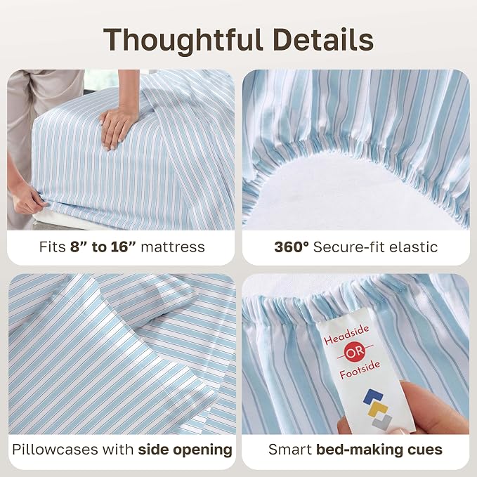 California Design Den 100% Cotton Sateen Deep Pocket King Sheet Set, 4 Pcs | 400 Thread Count Backed by Good Housekeeping Seal, 16" Deep Pocket, All-Around Elastic, Easy Care, Cape Stripe Blue Print