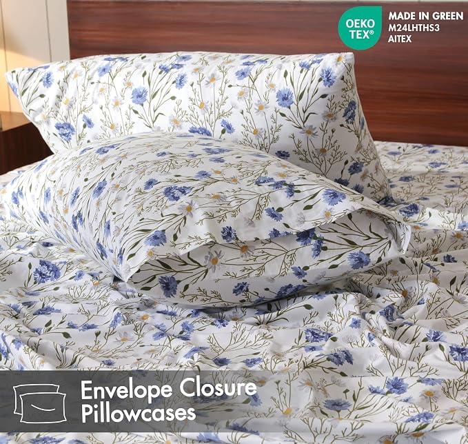 RUVANTI 100% Cotton Percale Sheets Full Size, Sweet Pea | Crisp Cooling, Deep Pocket 16", Soft Breathable & Durable, Hotel-Style, 4 Piece Set