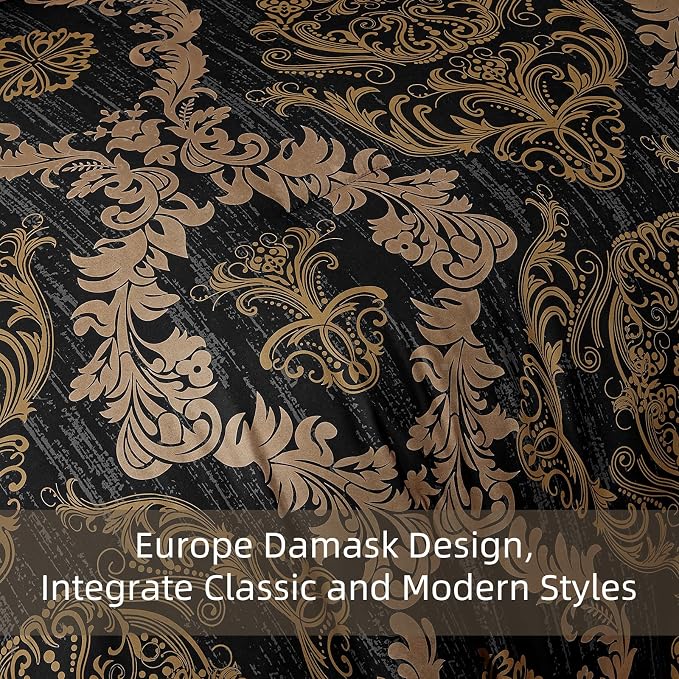 WONGS BEDDING Black Comforter Set King Size, Gold Damask Texture 7 Pieces Bed in a Bag Microfiber Comforter Bedding Sets -1 Comforter, 1 Flat Sheet, 1 Fitted Sheet, 2 Pillow Shams, 2 Pillowcases