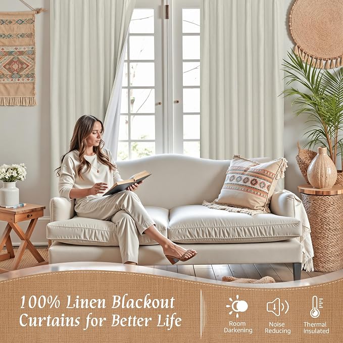 100% Blackout Natural Linen Bedroom Curtains 63 Inches 2 Panels | Stone, Living Room, Curtains for Farmhouse, Thermal, Privacy Protected, Rod Pocket Back Tab Panels, White Liner, 52 x 63 Inch