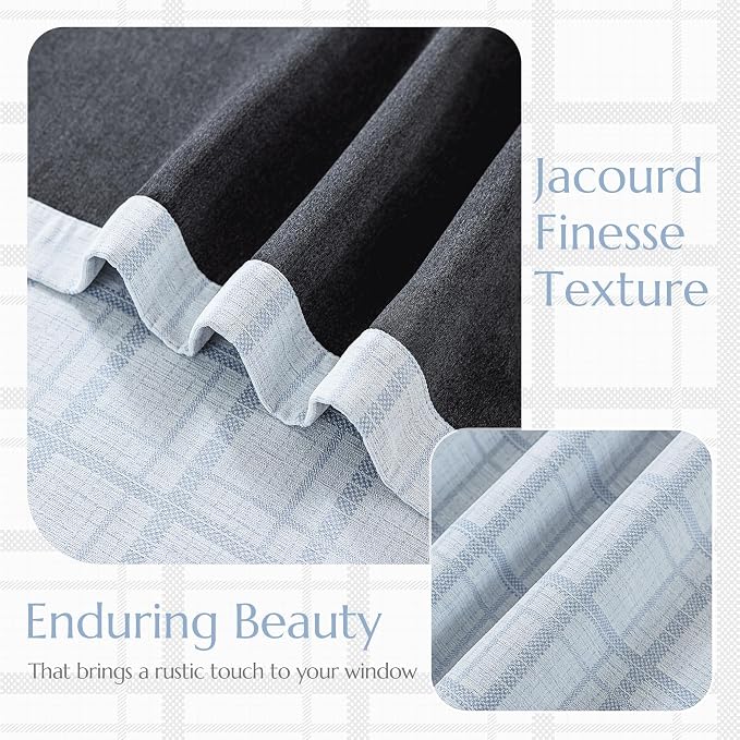 Beauoop Blue Plaid Jacquard Blackout Curtains for Bedroom 52x108 2 Panels | Gingham Checkered Room Darkening Drapes for Living Room 108 Inch Long Thermal Insulated Soundproof Window treatment Grommet