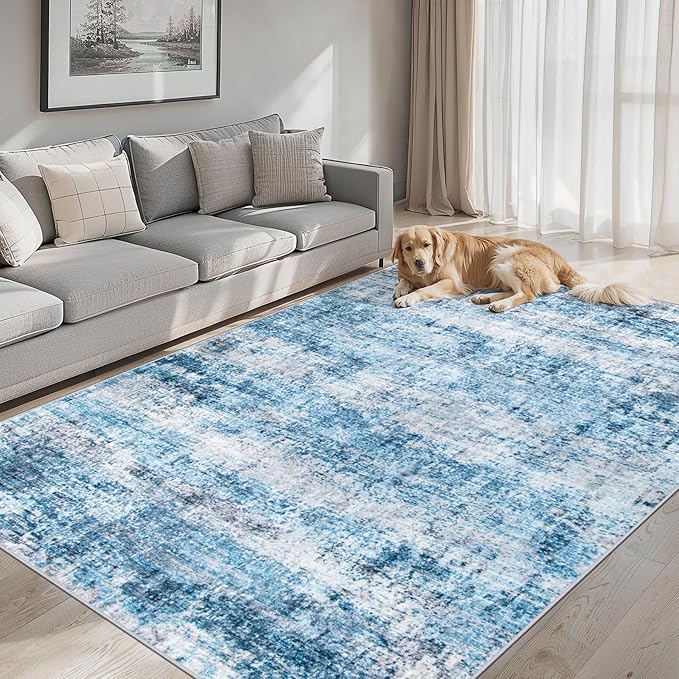 PLHXFR 8x10 Area Rug Living Room: Modern Abstract Washable Carpet Blue | For Bedroom Dining Room Farmhouse Nursery Home,Machine washable,Non Slip,Large Soft Neutral,Stain Resistant, Indoor Floor