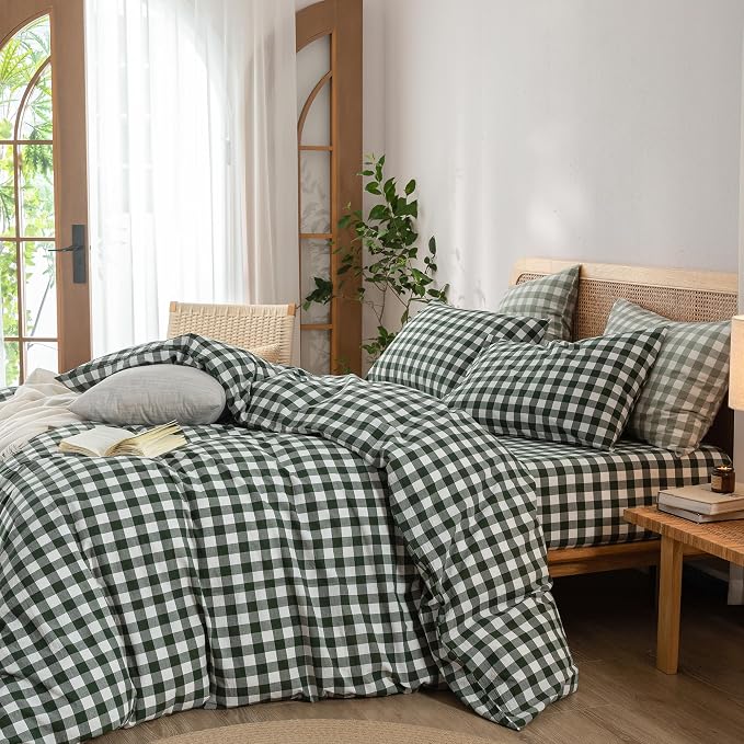 BESTOUCH Gingham Cotton Duvet Cover Set Green Full | Washed Cotton, Linen Feel, Soft Wrinkle Texture, Hidden Zipper, 8 Ties, Breathable Lightweight Durable Comfy, 3 Pcs No Insert