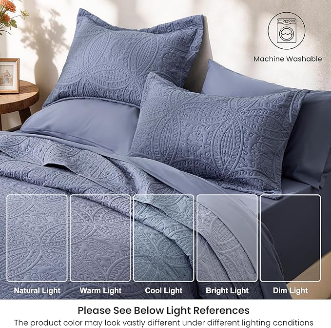 Love's cabin Queen Quilt Set Bluish Grey, Bed in a Bag Queen Bedding 7 Pcs, Ultrasonic Embossed Coin Pattern Comforter, Lightweight Bedspreads for All Seasons Quilt with Sheets, Pillowcases & Shams