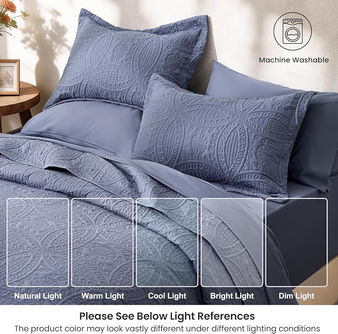 Love's cabin King Quilt Set Bluish Grey, Bed in a Bag King Size Bedding 7 Pcs, Ultrasonic Embossed Coin Pattern Comforter, Lightweight Bedspreads for All Seasons Quilt with Sheets, Pillowcases & Shams