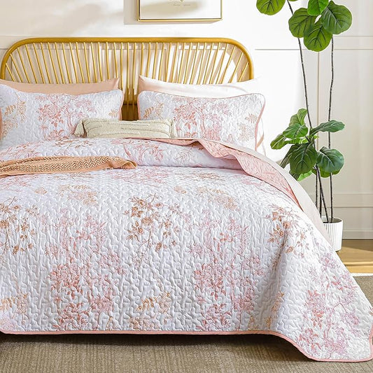 WONGS BEDDING Floral Quilt Set Queen, 3 Pcs Pink Bedspreads Coverlets | Spring Summer Floral Farmhouse Bedspread with 2 Shams,Soft Microfiber Lightweight Coverlet for All Season 96"×90"