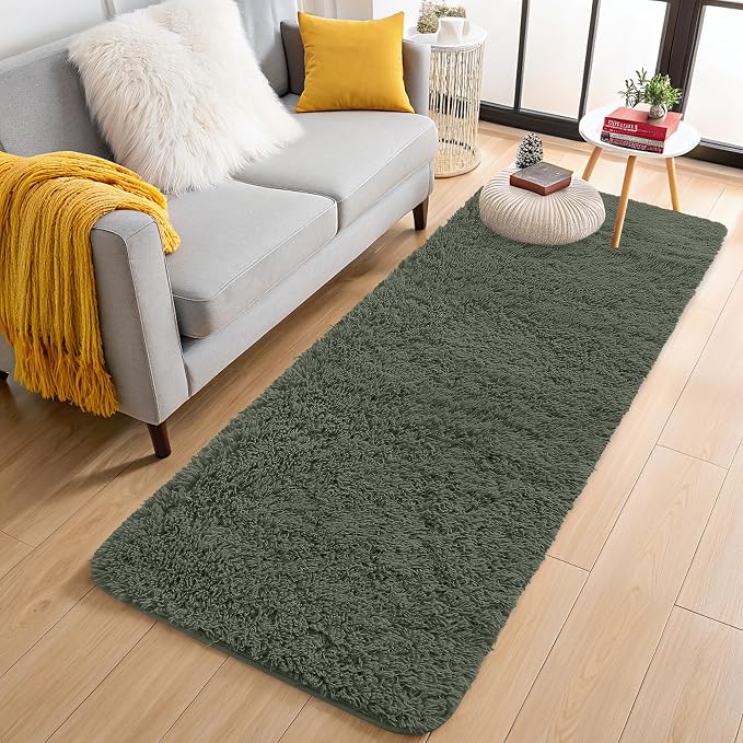 OLANLY 2x5 Machine Washable Runner Rugs for Hallway, Soft Fluffy Shaggy Bedside Rugs for Bedroom, Living Room, Indoor Floor Carpet for Kids Girls and Boys, Home Decor Aesthetic, Olive Green