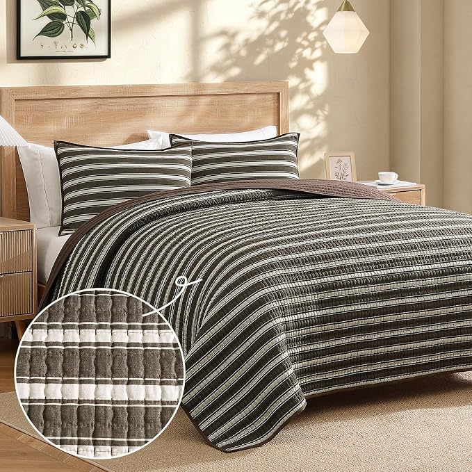 King Size Quilt-Lightweight Bedspreads Brown King Quilt Bedding Set | Reversible Coverlet with 2 Shams for All Seasons, Suitable for Bed, Couch, 3 Pieces, 106"x94"