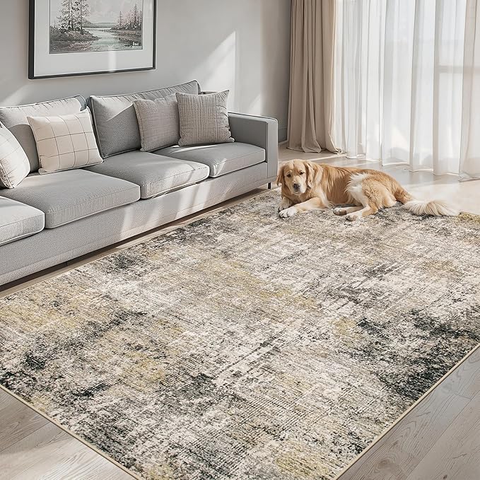 PLHXFR 8x10 Area Rug Living Room: Abstract Washable Carpet Brown Black | For Bedroom Dining Room Farmhouse Nursery Home,Machine washable,Non Slip,Large Soft Neutral,Stain Resistant, Indoor Floor