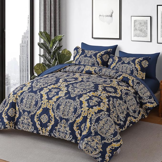WONGS BEDDING Blue Gold Comforter Set Queen Size,Damask Texture 7 Pieces Bed in a Bag Microfiber Comforter Bedding Sets -1 Comforter, 1 Flat Sheet, 1 Fitted Sheet, 2 Pillow Shams, 2 Pillowcases