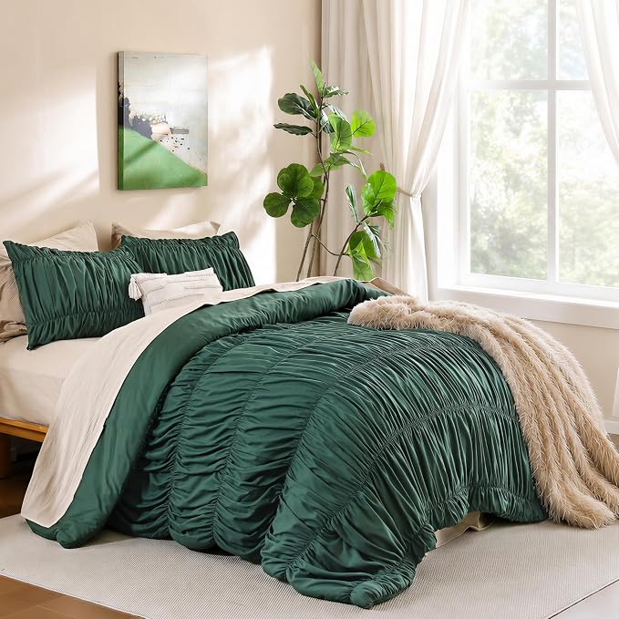 weigelia Emerald Green Ruched Comforter Set King Size, Cute Bedding Set | All Season, Soft Microfiber Comforter, Cozy Cinched Design for Home & Bedroom Decor (1 Comforter,2 Pillowcases)