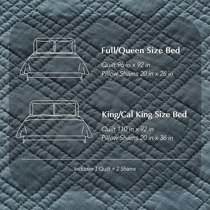EVERGRACEHOME Cotton Sateen Windowpane Quilt Set King Size, Sonoma Blue | 100% Cotton, Pre-Washed Soft Coverlet Bedspread, 3-Piece Lightweight Bedding Set for All Season, with 2 Pillow Shams