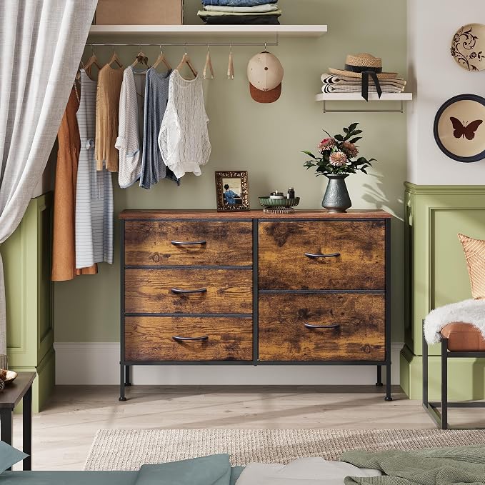 WLIVE 5 Drawer Fabric Dresser for Bedroom, Wide Storage Chest, Rustic Brown | 5-drawer wide fabric dresser with steel frame, multipurpose bedroom living room hallway dorm closet storage organizer