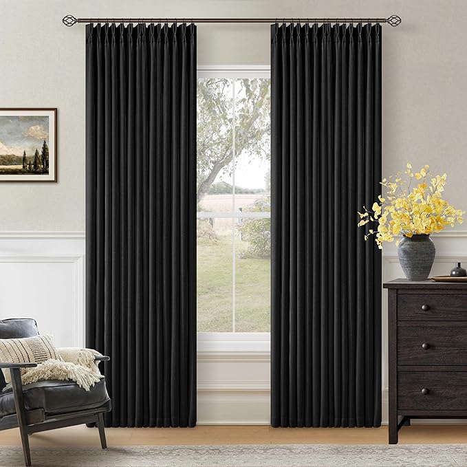 Black 80 Inch Pinch Pleated 100% Blackout Curtains with Liner 2 Panels Set | Thick Linen Textured, Energy Saving, Soundproof, Light UV Blocking, Thermal Insulated Curtain for Living Dining Room Bedroom