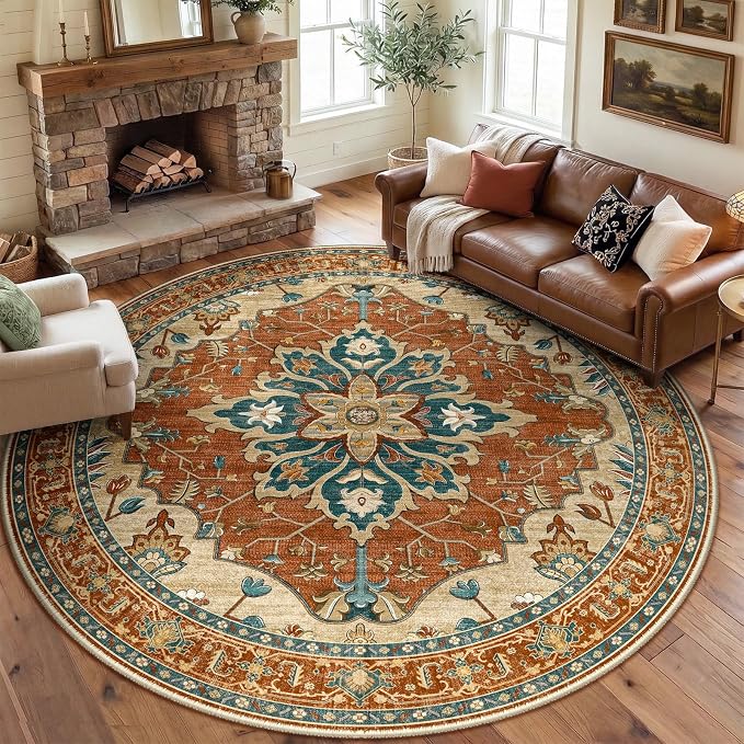 RELEANY Washable Area Rug, Round 8ft, Red/Orange/Blue/Brown | Non-Slip, Water Repellent, Pet Friendly, Easy to Clean, Vintage Floral Boho Decor for Living Room Bedroom Dining Room