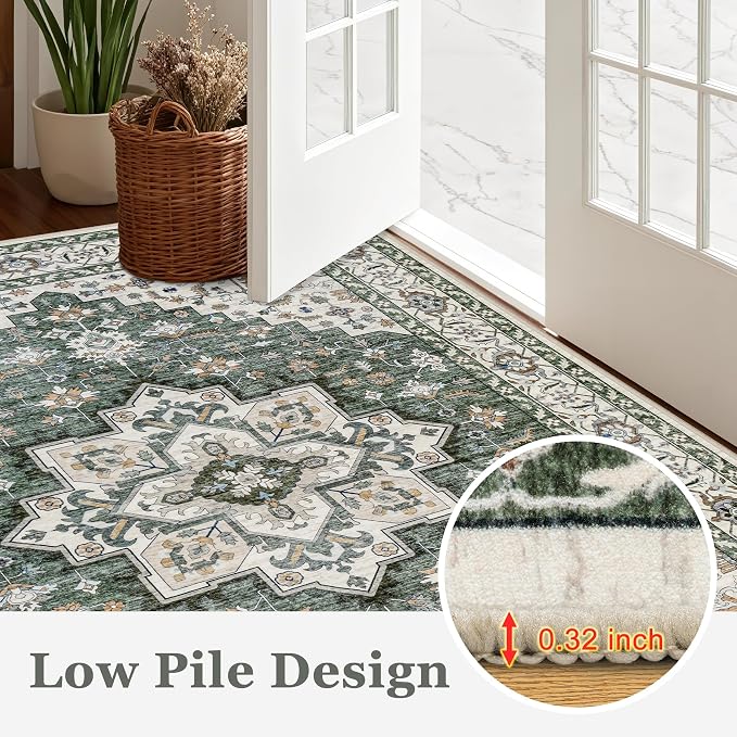 10x14 Area Rugs Living Room: Washable Rug for Bedroom Green Ivory | Vintage No Slip Stain Resistant Rug Soft Indoor Decor Floor Floral Area Rugs for Dining Room, Nursery, Hallway, Home Office