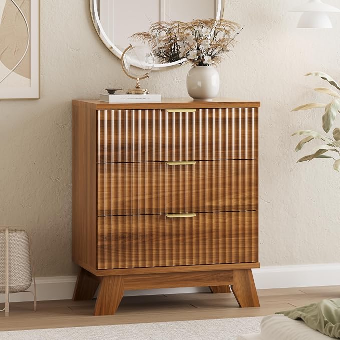 Xixini Fluted Dresser for Bedroom with 3 Drawers, 24" Wide Modern Chest of Drawers with Metal Handle, Wooden Dresser TV Stand, Wood Closet Clothes Storage Organizer for Living Room, Hallway, Walnut