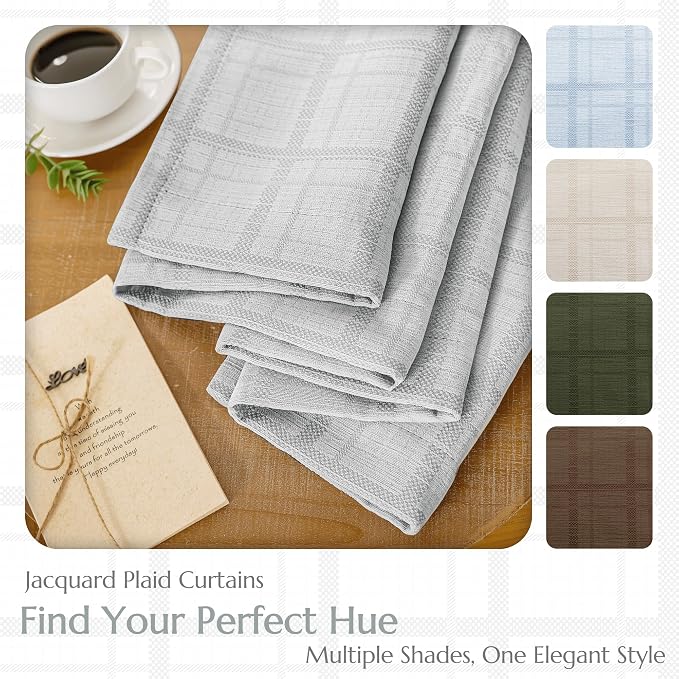 Beauoop Grey Plaid Jacquard Blackout Curtains for Bedroom 52x84 2 Panels | Gingham Checkered Room Darkening Drapes for Living Room 84 Inch Long Thermal Insulated Soundproof Window treatment Grommet