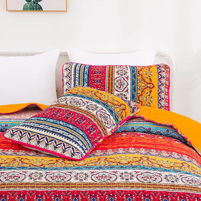 WONGS BEDDING Boho Quilt King Size,3 Pcs Bedspread Set, Orange and Blue | Colorful Bohemian Striped Printed Bedding for All Season, Lightweight Microfiber Coverlet Set with 2 Pillowcases(104"x90")