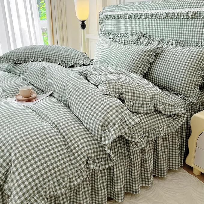 LifeTB Twin XL Comforter Set Green Gingham Comforter for Men Boys Ruffle Plaid Comforter Set Checkered Grid Bed Comforter with 2 Pillowcases Fluffy Soft Vintage Plaid Gingham Bedding Set Twin XL