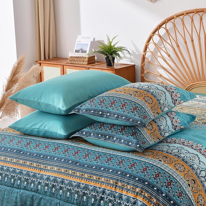 Boho Full Comforter Set 8 Pieces,Teal and Yellow Bohemian Comforter Paisley Striped Bed in A Bag,Soft Microfiber Bedding Set for All Season