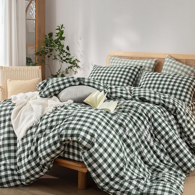 BESTOUCH Gingham Cotton Duvet Cover Set Green Full | Washed Cotton, Linen Feel, Soft Wrinkle Texture, Hidden Zipper, 8 Ties, Breathable Lightweight Durable Comfy, 3 Pcs No Insert