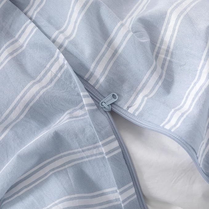 BESTOUCH Striped Cotton Duvet Cover Set Linen Feel Oversized Queen | 100% Washed Cotton, Soft Wrinkle Texture, Hidden Zipper, 8 Ties, Breathable Lightweight Durable Comfy, 3 Pcs No Insert