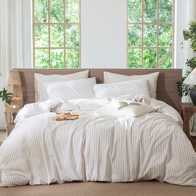 MooMee Striped Duvet Cover Set 100% Washed Cotton Linen Like King | Relaxed Linen-like Texture. Soft, Breathable & Long-lasting Comfort. Lightweight. Hidden Zipper with 8 Interior Corner Ties