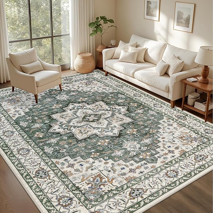 6x9 Area Rugs Living Room: Washable Rug for Bedroom Green Ivory | Boho No Slip Stain Resistant Rug Soft Indoor Decor Floor Floral 6x9 Area Rugs for Dining Room, Nursery, Hallway, Home Office