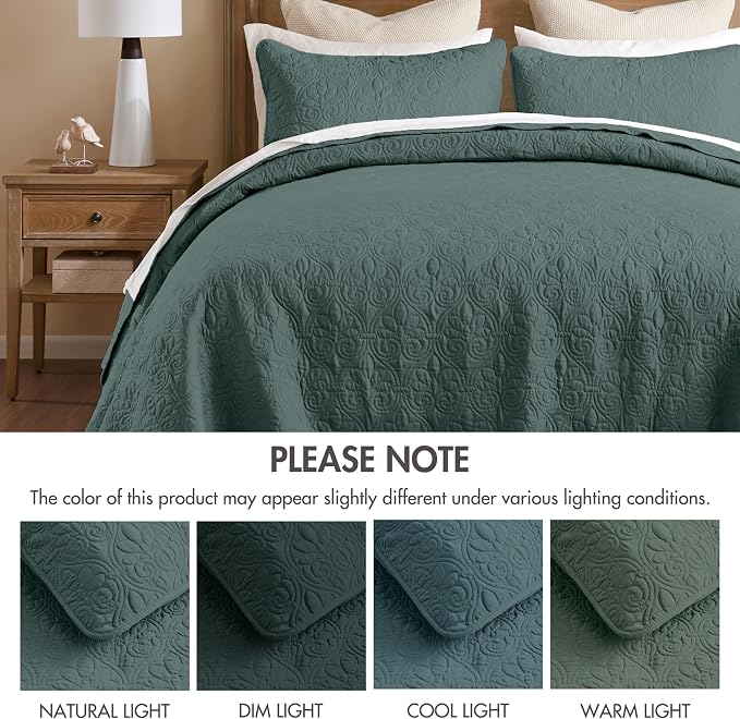 Madison Park Queen Quilt Bedding Set, Cottage-Inspired Damask, 3PC | All Season Quilted Coverlet, Classic Stitch Pattern Bedspread & Shams, Ultra Soft Microfiber Bedspread Set, Balsam Green