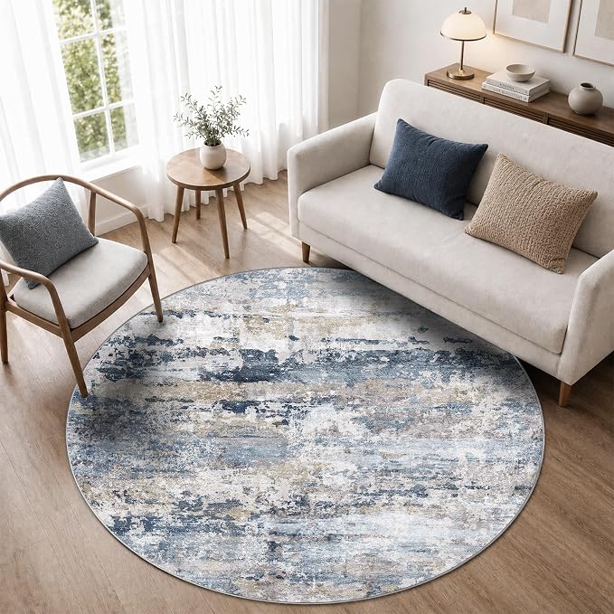 pmtsns Round Rug 4ft for Bedroom: Washable Circle Rug Modern Abstract Neutral Soft Non-Slip Low-Pile Entryway Carpet for Living Room Dining Room Nursery Home Office (Blue Grey Brown, 4' Round)