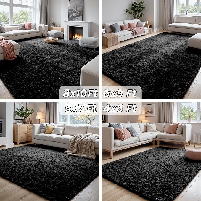 5x8 Fluffy Shag Area Rugs for Living Room Bedroom: Soft Plush Carpet Black | Upgraded Non-Slip Thick Memory Foam, Ultra Soft, Non-Shedding Fuzzy Carpet, Easy Clean Decor for Kids Room, Nursery, Playroom