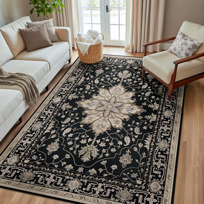 RELEANY Washable Area Rug, 5'x8', Black/Neutral | Non-Slip, Water Repellent, Pet Friendly, Easy to Clean, Vintage Floral Boho Decor for Living Room Bedroom Dining Room Office