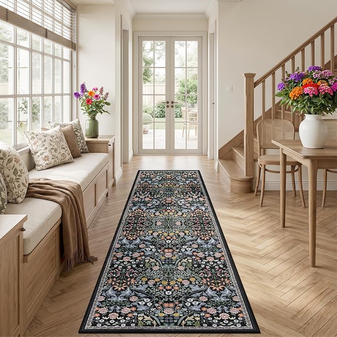 PLHXFR 2.6x10 Washable Runner Rug：Floral Indoor Kitchen Carpet Dark Black | For Hallway Bedroom Kitchen Laundry Bathroom Dorm,Vintage Floral,Machine washable,Non Slip,Stain Resistant,Indoor Floor