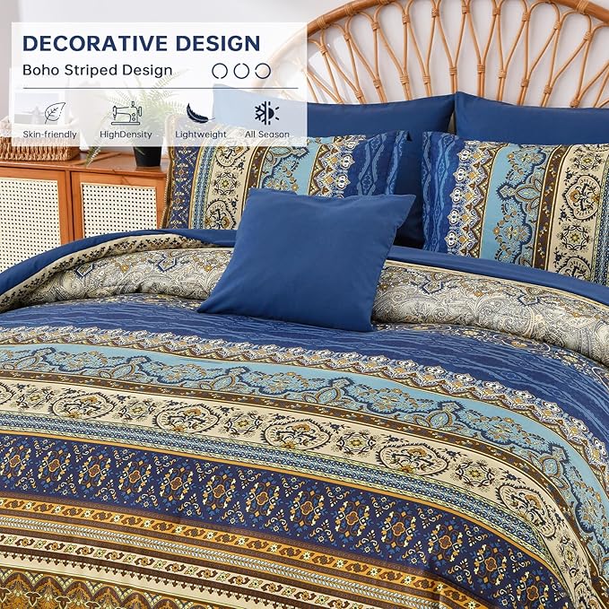 Cottolester Boho King Comforter Set Brown Blue Striped Bed in A Bag | 8 Piece Bohemian Comforter,Paisley Striped Bedding Sets,Soft Microfiber Bedding Set for All Season