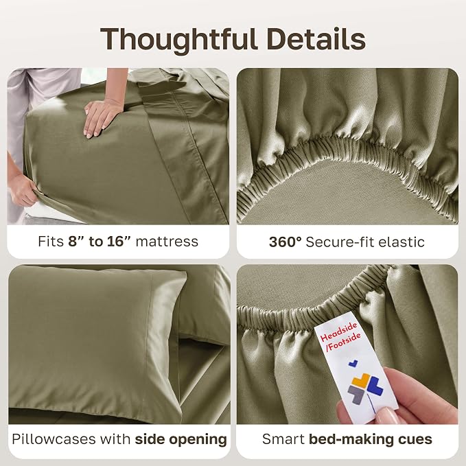 California Design Den 100% Cotton Sateen Full Size Bed Sheets Set, 4 Pcs | Soft 500 Thread Count Backed by Good Housekeeping Seal, 16" Deep Pocket, All-Around Elastic, Easy Care - Pamelo Olive
