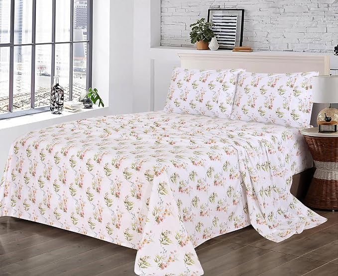 RUVANTI 100% Cotton Percale Sheets Full Size, Floral Bliss | Crisp Cooling, Deep Pocket 16", Soft Breathable & Durable, Hotel-Style, 4 Piece Set