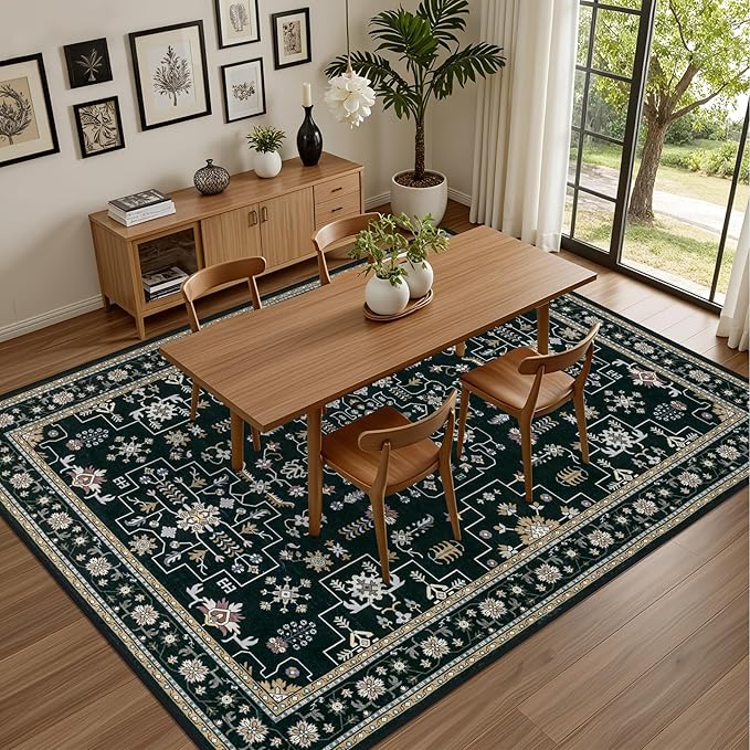10x12 Area Rugs Living Room: Washable Boho Rug for Bedroom Black | Vintage No Slip Stain Resistant Rug Soft Indoor Decor Floor Floral Area Rugs for Dining Room, Nursery, Hallway, Home Office