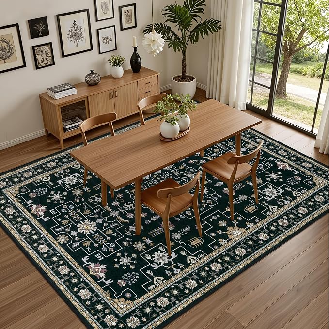10x14 Area Rugs Living Room: Washable Vintage Rug for Bedroom Black | Vintage No Slip Stain Resistant Rug Soft Indoor Decor Floor Floral Area Rugs for Dining Room, Nursery, Hallway, Home Office