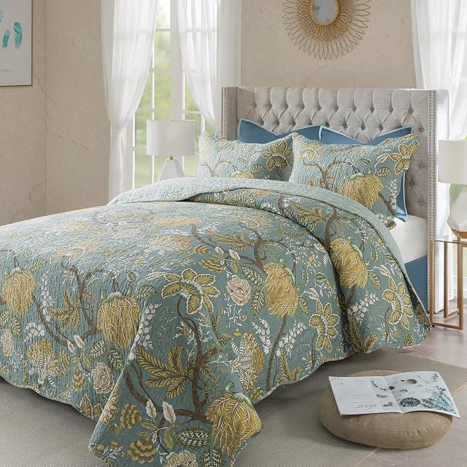 Cotton Bedspread Quilt Sets-Reversible Patchwork Coverlet Set, Green Floral Pattern, Queen Size