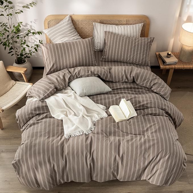 BESTOUCH Striped Cotton Duvet Cover Set Linen Feel Oversized Full | 100% Washed Cotton, Soft Wrinkle Texture, Hidden Zipper, 8 Ties, Breathable Lightweight Durable Comfy, 3 Pcs No Insert
