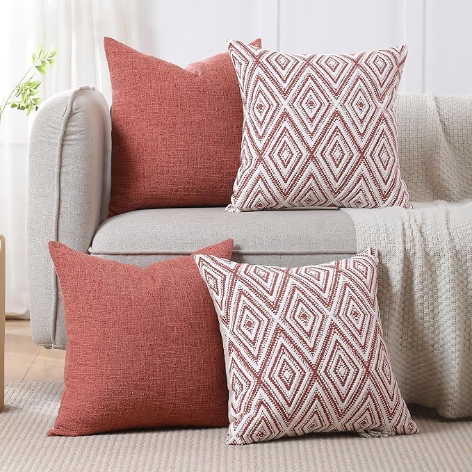 HPUK Throw Pillow Covers 20x20, 4 Pack, Coral Textured Couch Pillow Covers | Polyester fabric, patterned and solid designs, hidden zippers, machine washable, for sofas and beds, inserts not included