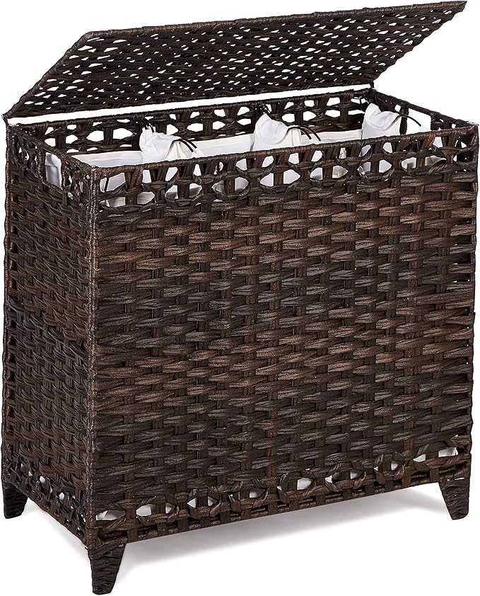 Laundry Hamper with 3 Removable Liner Bags, 132L Laundry Sorter with Lid | Raised Feet; Side Carry Handles; Handwoven PP Rattan; Rust-Resistant Iron Frame; Decorative Woven Design