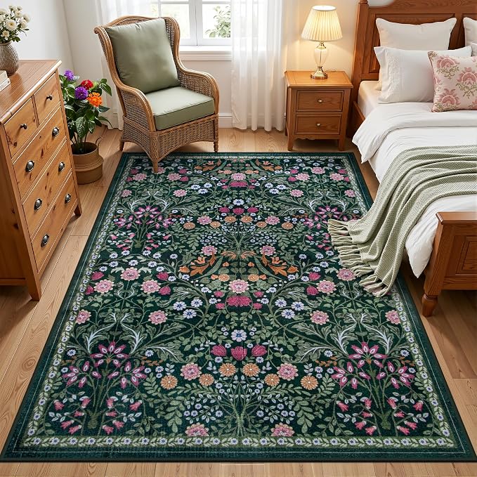 PLHXFR Area Rug Living Room: 3x5 Floral Washable Boho Carpet Dark Green | For Bedroom Dining Room Farmhouse Nursery Hallway,Vintage Floral,Machine washable,Non Slip,Stain Resistant,Large Indoor